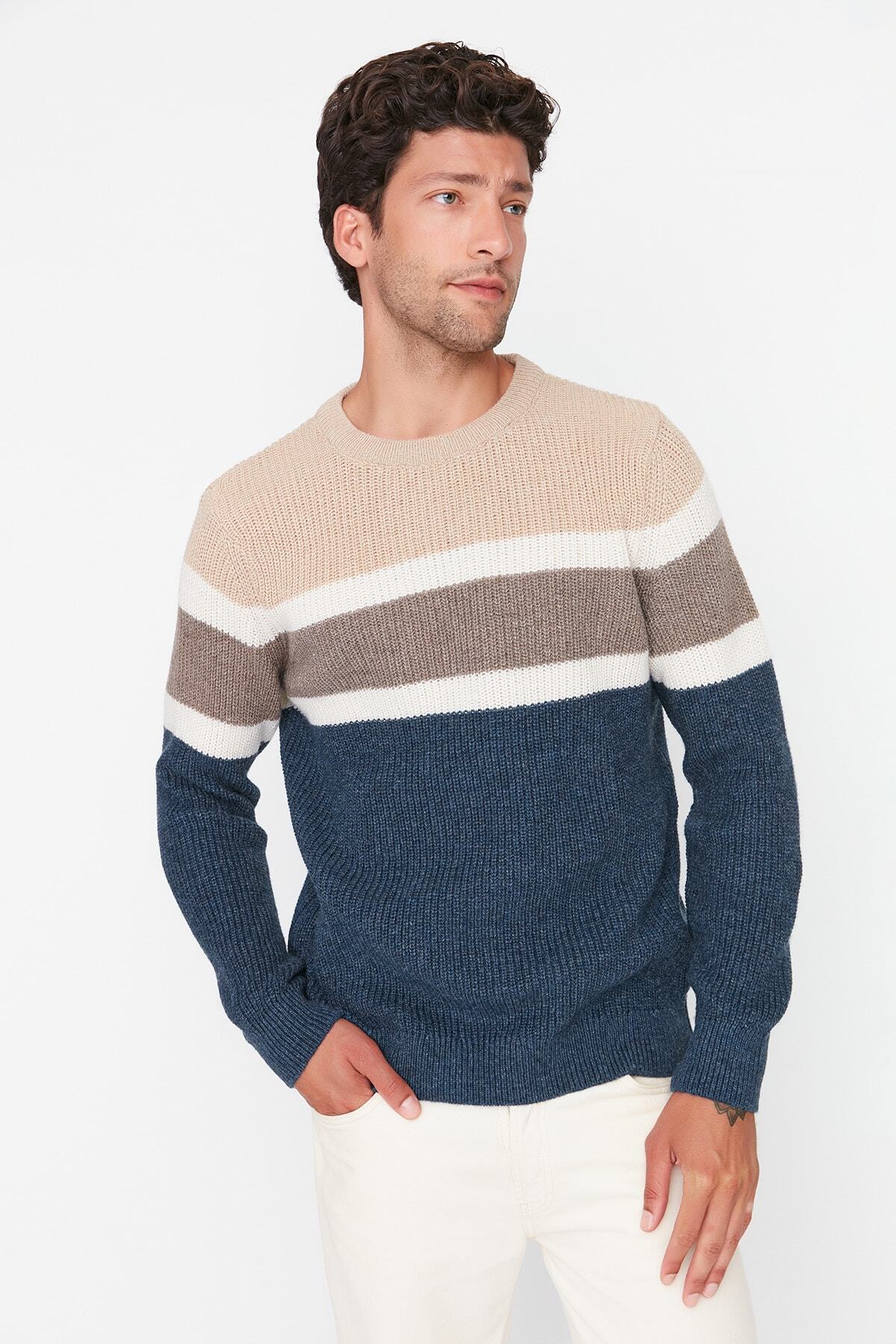 Trendyol Collection-Bézs Crew Neck Slim Fit kötöttáru pulóver - színes blokk, gyapjú TMNAW22KZ0343 2