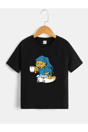 Çocuk Unisex Oversize Siyah Garfield Baskılı T-shirt garfield-