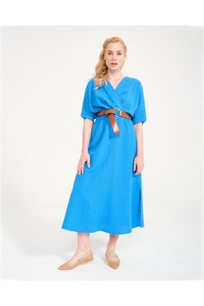 Kadın Mavi Kruvaze Kemerli Yan Yırtmaçlı Elbise KRVZ10038911