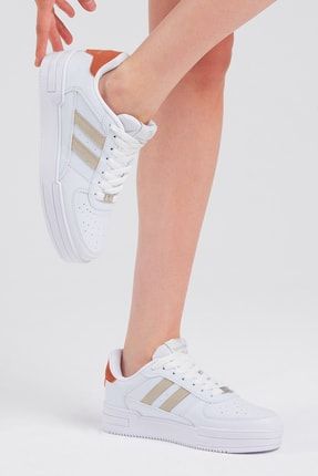 Unisex Beyaz Bej Yanı Çizgili Bağcıklı Rahat Kalıp Sneaker TBKA10