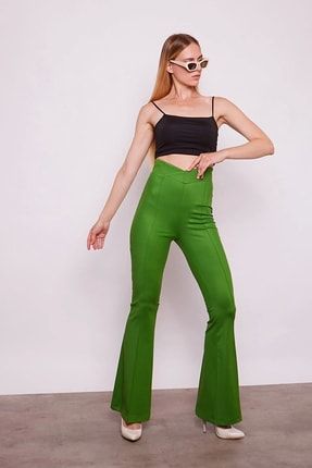 Kadın Yeşil Renk Yüksek Bel Likralı Ispanyol Paça Kemeri Anvelop Detaylı Pamuklu Kumaş Pantolon TYC00474815774