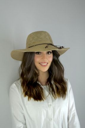 Vizon Renk Hasır Ip Detaylı Kloş Kadın Şapka HSR001