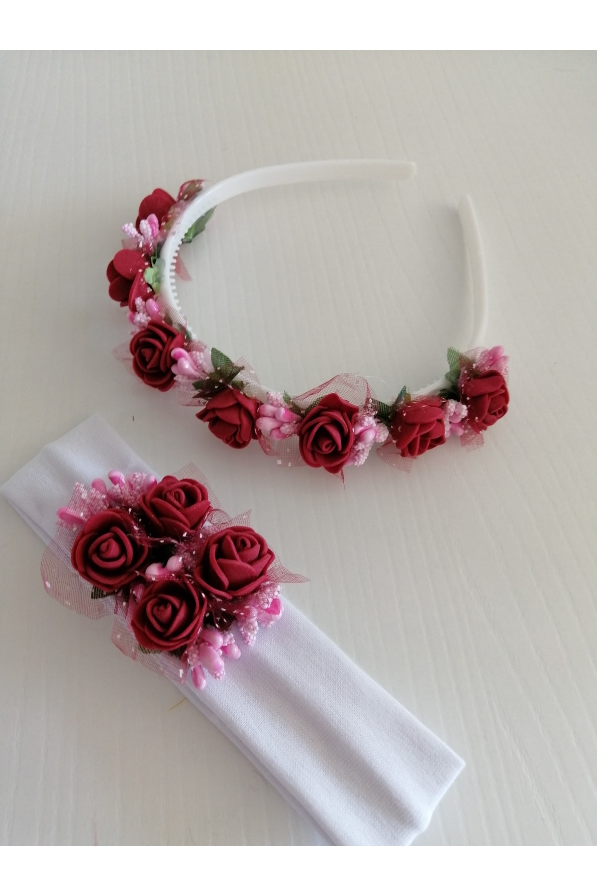 Bordo Çiçekli Anne Bebek Tac Ve Bandana Set 2