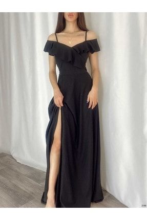 Son Trend Siyah Krep Kumaş Yırtmaç Detaylı Göğüs Dekolteli Uzun Elbise 582190 699 MAT-699