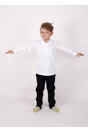 Unısex Çocuk Uzun Kol Normal Kalıp Comfort Polo Yaka Düz Renk Okul Penye Lakost T-shırt 09613