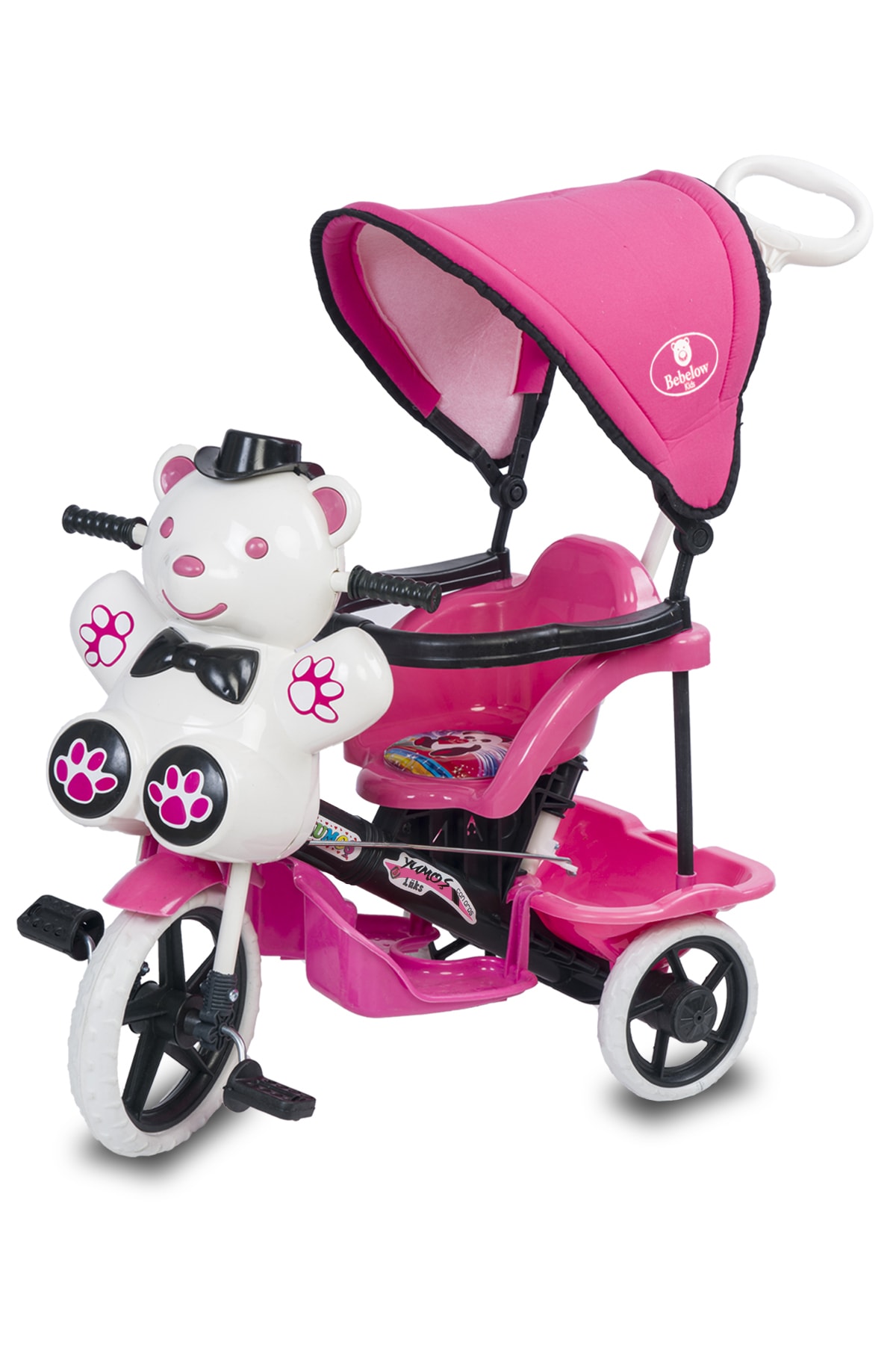 Bebelovv Çocuk  Pembe Yumoş Itmeli Ebeveyn Kontrollü Tenteli 3 Tekerlekli Panda Bisikleti