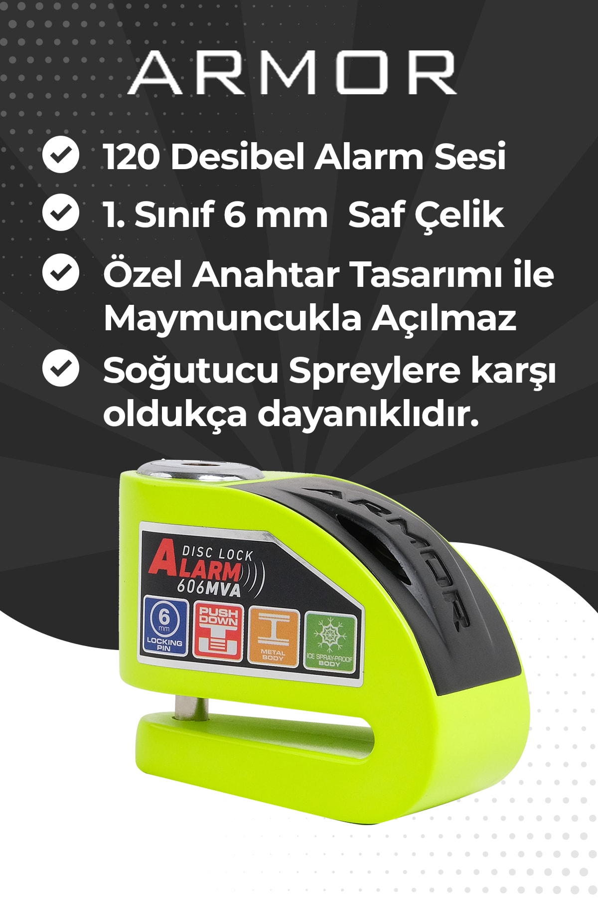 Armor Disk Kilidi 606 Mva 6 Mm Alarmlı Neon Yeşil - Fiyatı, Yorumları
