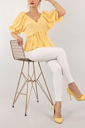 Son Moda Sarı Fırfırlı Beli Lastikli Keten Bluz 422845