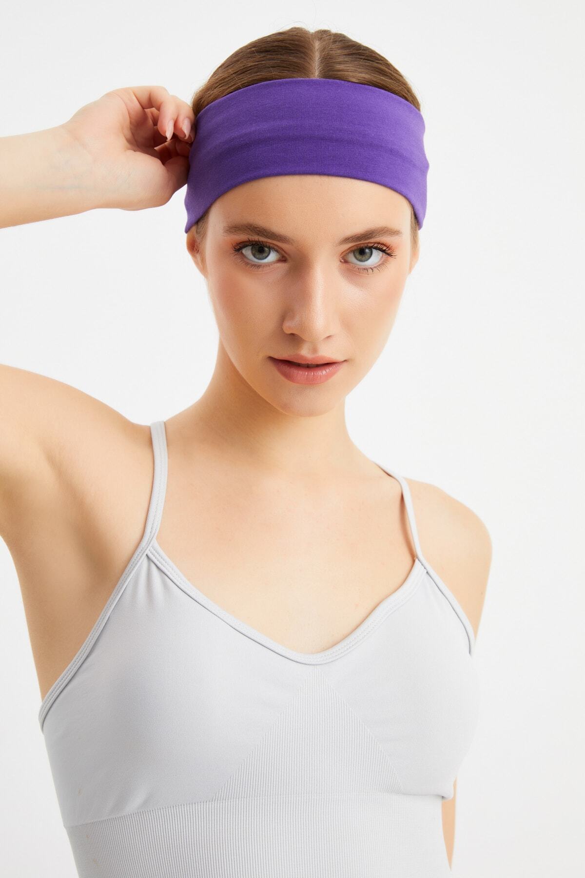 Butikgiz Kadın Mor Pamuklu Penye, Kaymaz, Terletmez, Ultra Hafif, Spor Saç Bandı Bandana