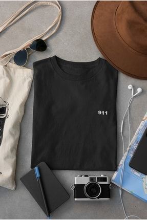 Unisex Siyah Dijital Baskılı Kısa Kollu 911 Yazılı Tasarım Oversize T-shirt sheesh-62