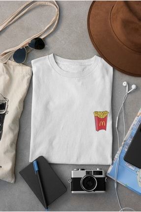 Unisex Beyaz Dijital Baskılı Kısa Kollu Patates Kızartması Tasarım Oversize T-shirt sheesh-212