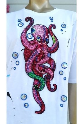 Octopus Oversize Coton Bisiklet Yaka Tasarım T-shirt BBT8080815