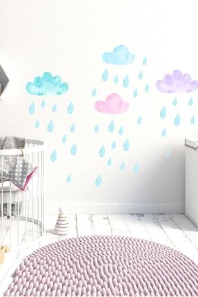 Suluboya Renkli Bulutlar Ve Yağmur Damlaları Duvar Sticker Seti - Sim742 sim742