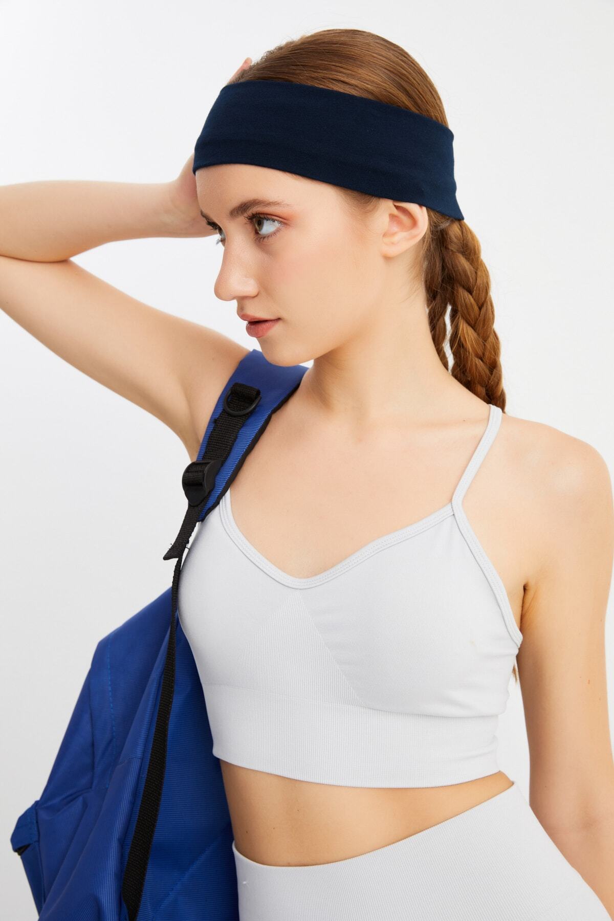 Kadın Lacivert Pamuklu Penye, Kaymaz, Terletmez, Ultra Hafif, Spor Saç Bandı Bandana 6