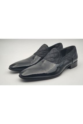 Siyah Rugan Ve Ayakkabı Tekstilinden Kösele Tabanlı Damat Makosen Erkek Ayakkabı 00106