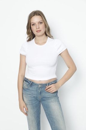 Kadın Beyaz Fitilli Kısa Kollu T-shirt Crop Top Beyaz OZOR001