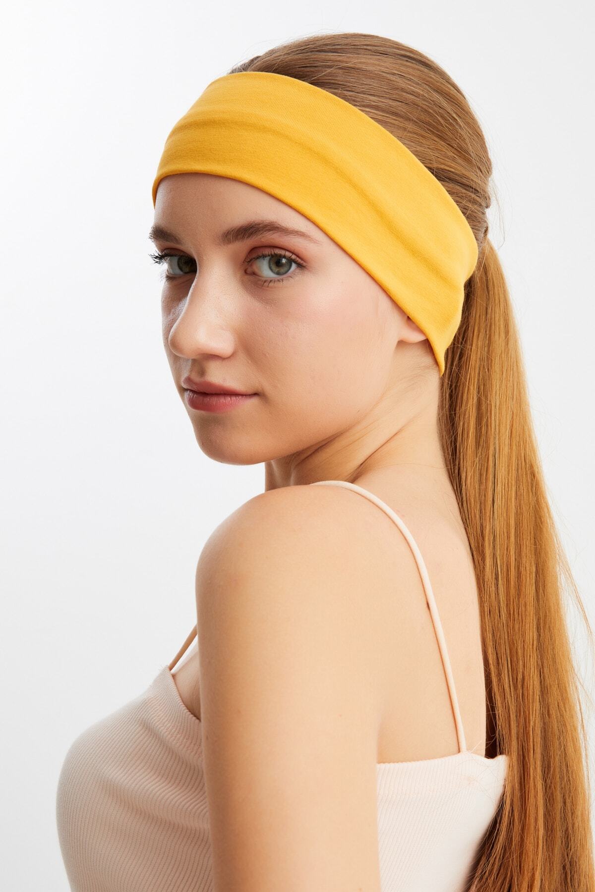 Kadın Hardal Pamuklu Penye, Kaymaz, Terletmez, Ultra Hafif, Spor Saç Bandı Bandana 7