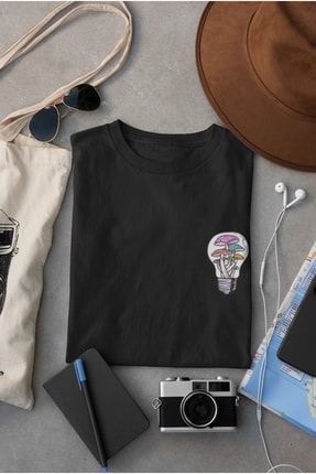 Unisex Siyah Dijital Baskılı Kısa Kollu Sanatsal Ampul Tasarım Oversize T-shirt sheesh-42