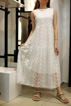 Beyaz Çiçekli Tül Uzun Elbise TYC00505548680