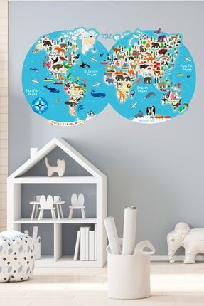 - Dairesel Hayvanlar Alemi Renkli Dünya Haritası Duvar Sticker - Sim744 sim744