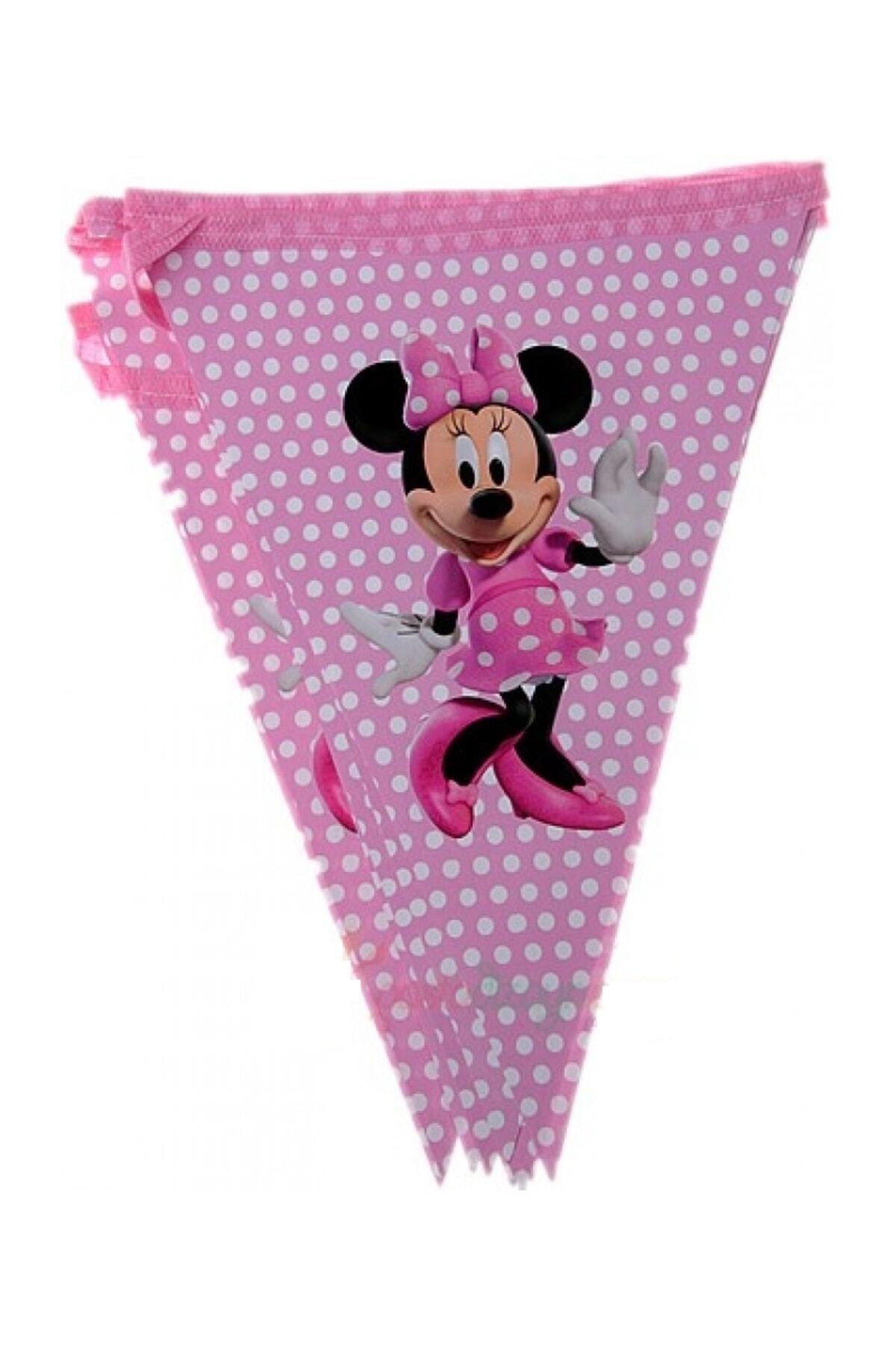 Minnie Mouse Flama Doğum Günü Süsü Pembe Beyaz 10 Bayraklı Puantiyeli Mini Kız Fare Üçgen Flama