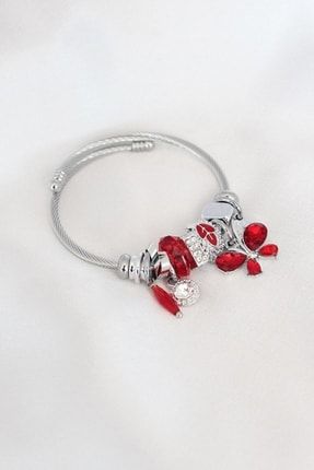 Kırmızı Renk Kelebek Figür Gümüş Renk Charm Çelik Kadın Bileklik NSNBB4479