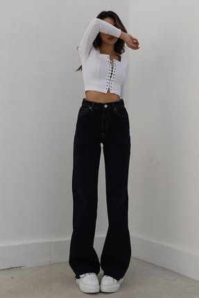 Jayla Salaş Kadın Siyah Rikralı Süper Yüksek Bel Bol Paça Denim Kot Pantolon SLS300