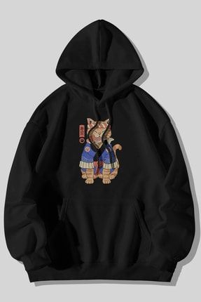 Anime Kedi Baskılı Unisex Siyah Kanguru Cepli Kapüşonlu Sweatshirt Hoodie SweatAnimeKedi