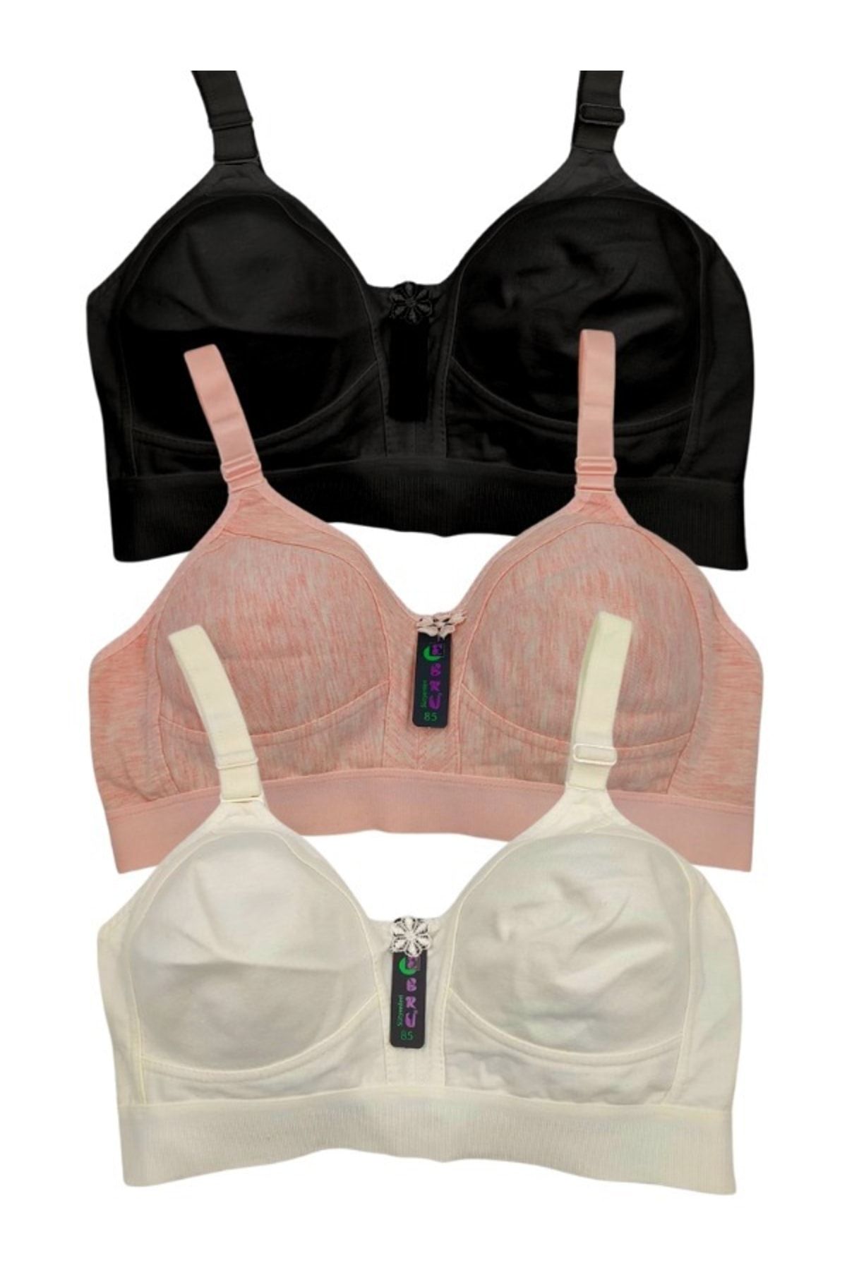 BEYAZTOPTAN Wire-Free Sponge-Free 3-Piece Wide Elastic Combed Cotton Gathering Bra