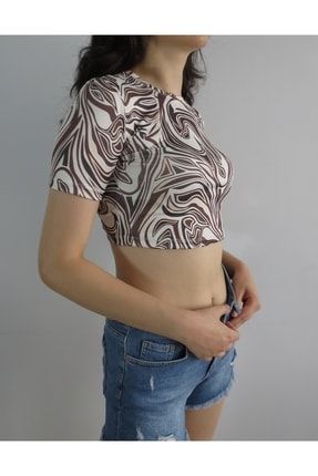 Kadın Dalgıç Kumaş Dijital Baskı Sırt Dekolteli Crop T-shirt 9089