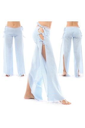 Mavi Yandan Bağlamalı Pantolon Yırtmaçlı Bikini Mayo Üstü Plaj Elbisesi Pareo Peştamal LAILA-PANT