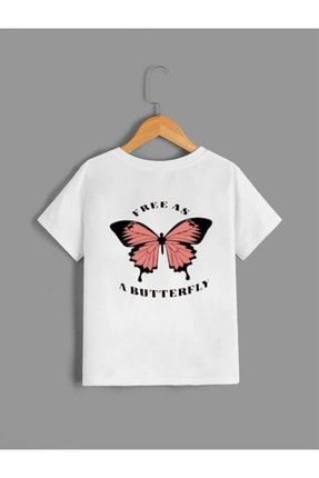 Çocuk Unisex Oversize Beyaz Butterfly Ön-arka Baskılı T-shirt butterfly-