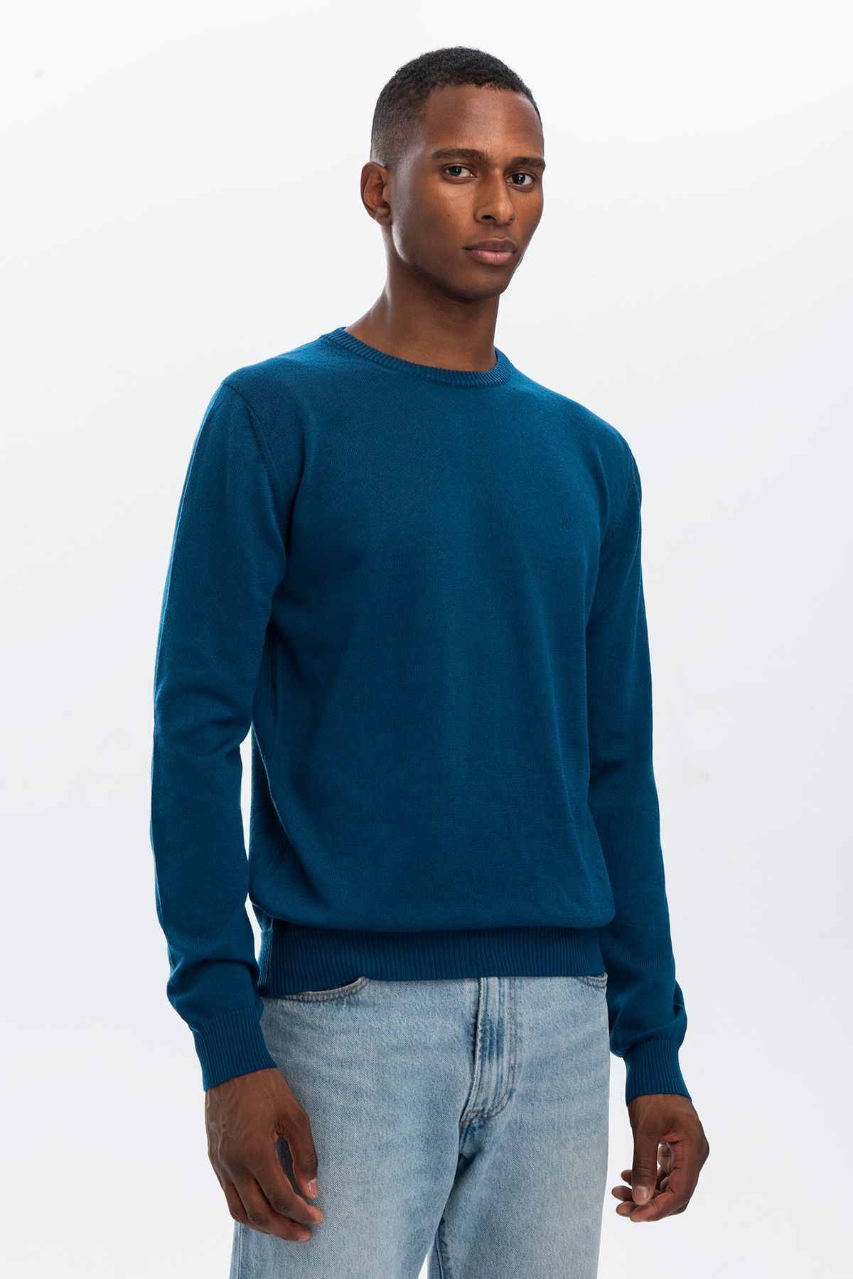 Hateko Men s Petrol Blue Cotton Crew Neck Knitwear Sweater Trendyol
