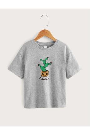 Çocuk Unisex Oversize Gri Cactus Baskılı T-shirt cactus-