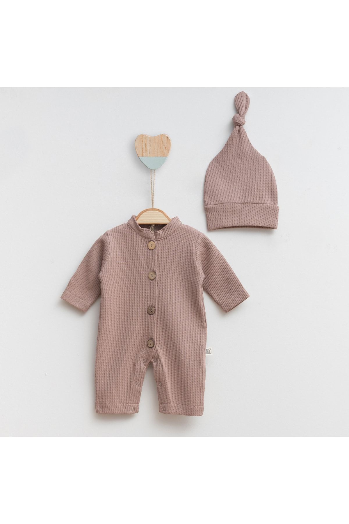 Minimus Waffle Düğmeli Bebek Tulum Ve Şapka Takım Yeni Doğan Unisex Bebek Hastane Çıkışı Kahve 0-6 Ay