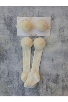Kız Bebek Krem Ponponlu Çorap Bandana Set Kremponponbandanacorapset