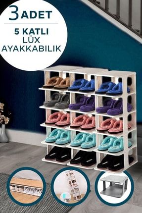 3 Adet Beyaz Ayakkabılık 5 Katlı Plastik Ayakkabı Düzenleyici Organizer Raf Ünitesi MİM3421