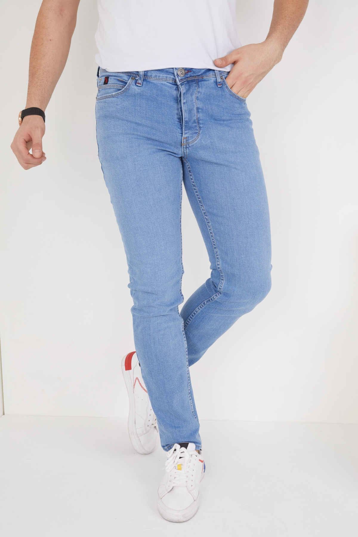 wanted Erkek Açık Mavi Düz Slim Fit Likralı Düz Paça Kot Pantolon