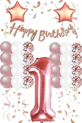 Rose Gold Konsept 1 Yaş Doğum Günü Kutlama Seti; Beyaz Gold Konfetili Balon, Rakam Yıldız Folyo Ve B PG0546E