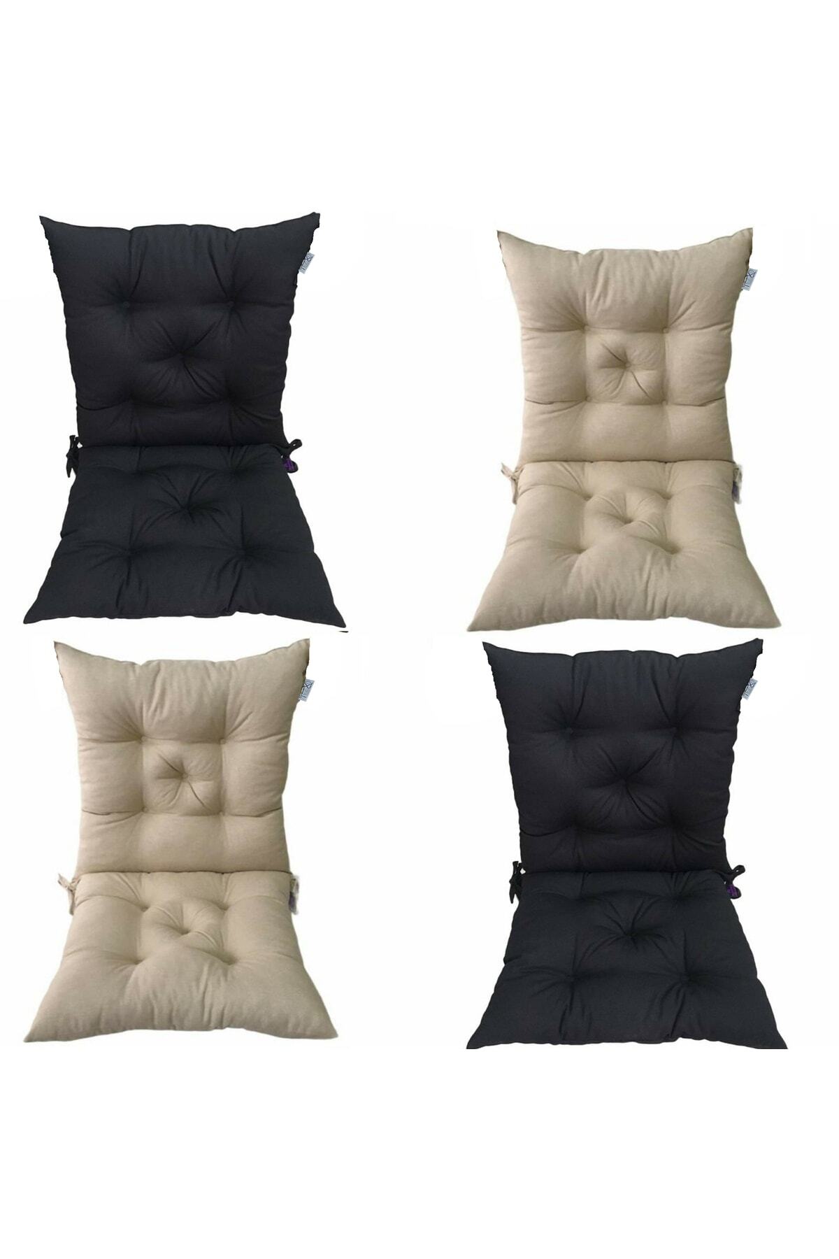 TEZKOTEKSTİL-4-Piece Combination Pofidik Square Chair Cushion with Backrest 40 X 85 cm Black Beige 1