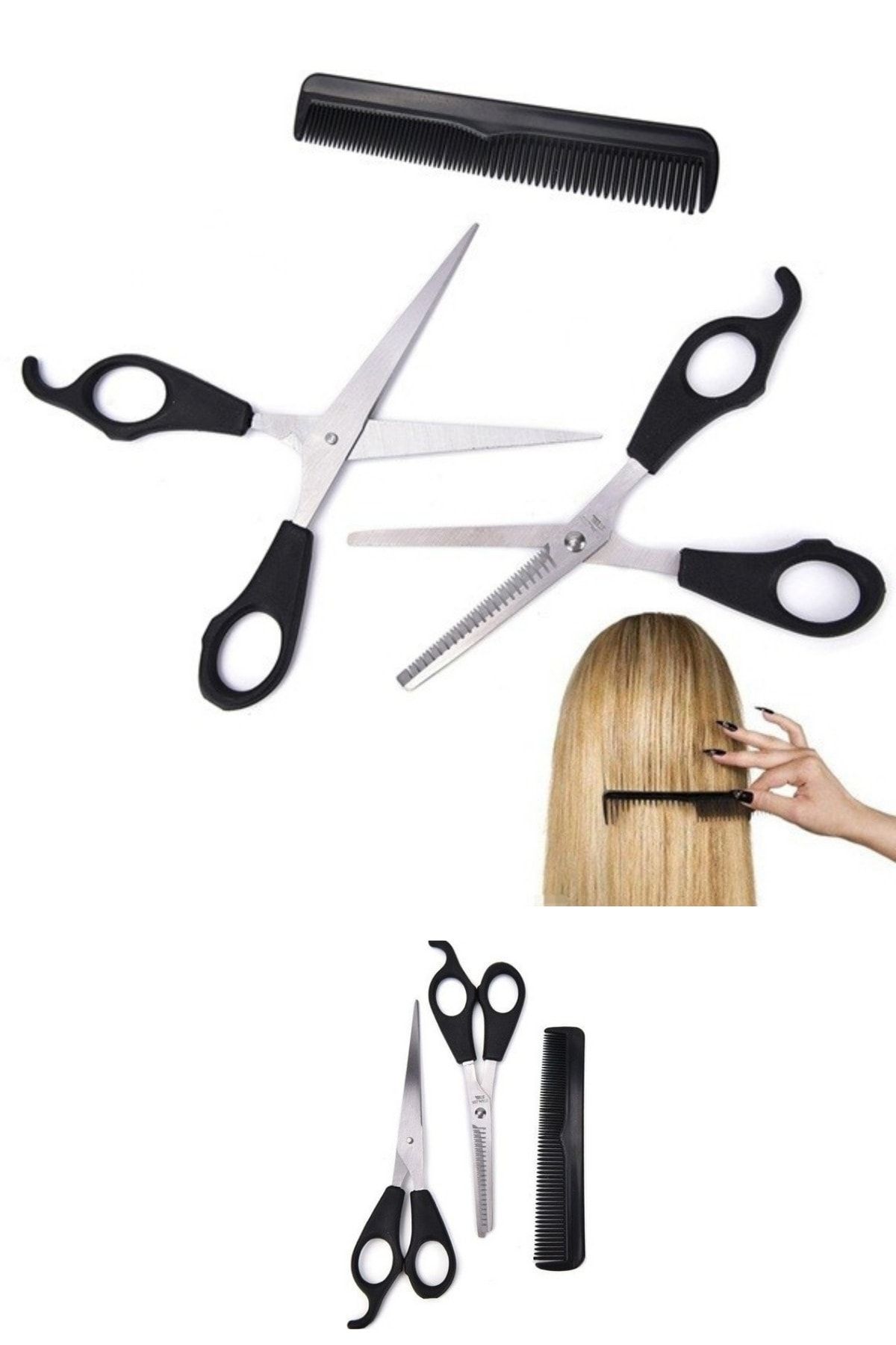 Kalsiyum Mood-Hairdresser Set Hair Cutting and Thinning Scissors Comb - Barber Scissors Intermediate Scissors Comb Set of 3 1