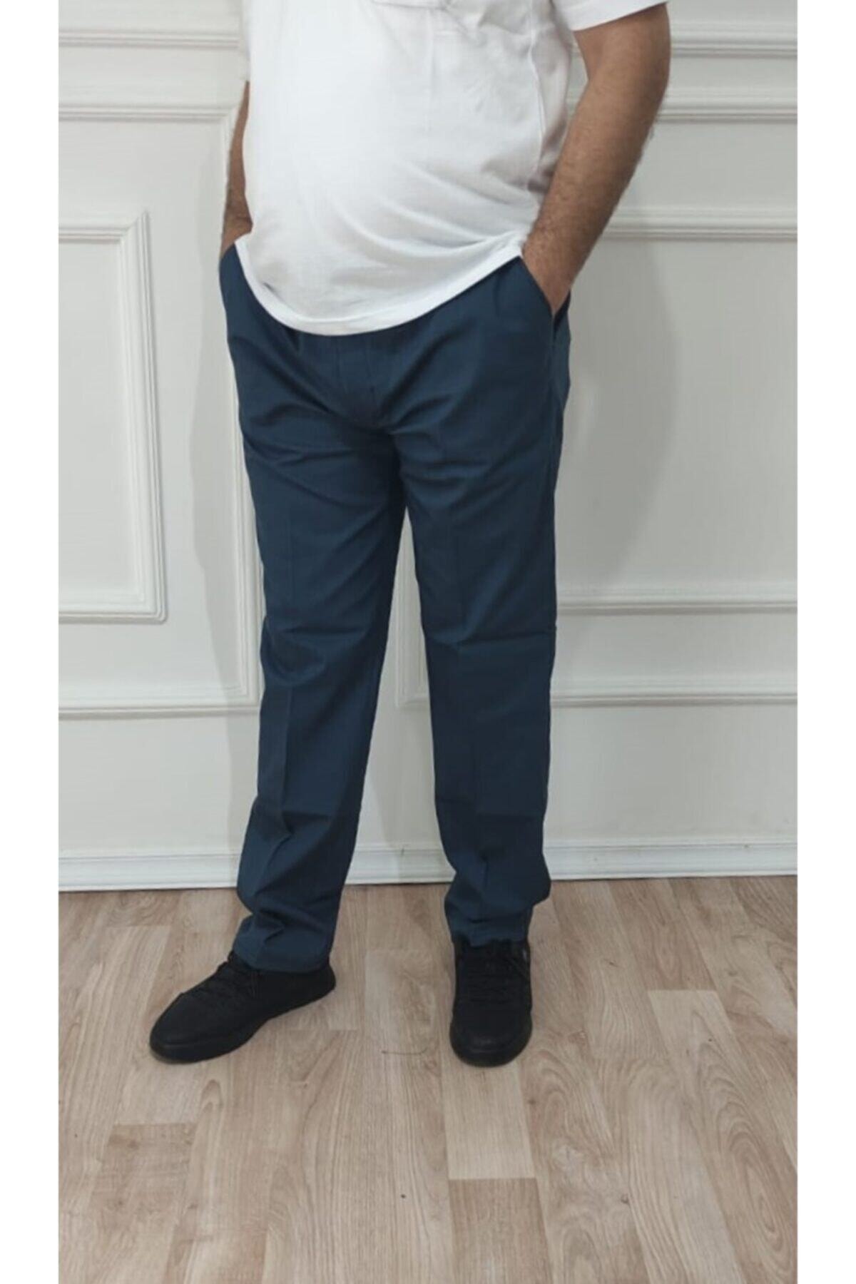 FATELLA  Erkek Büyük Beden Klasik Rahat Kalıp Indigo Keten Pantolon - Görsel 2