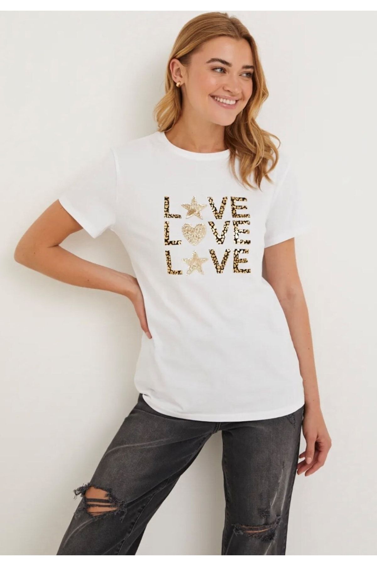 Kübra Tekstil Tricou Bumbac Femei Paiete Brodat Love Pattern Femeie - XS