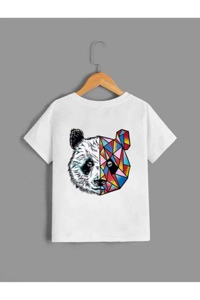 Çocuk Unisex Oversize Beyaz Geometrik Panda Ön-arka Baskılı T-shirt geopanda-
