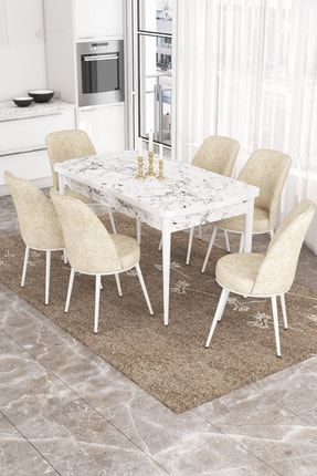 Leona Beyaz Mermer Desen 80x132 Mdf Açılabilir Mutfak Masası Takımı 6 Adet Sandalye RVNAZARBYZMRM06
