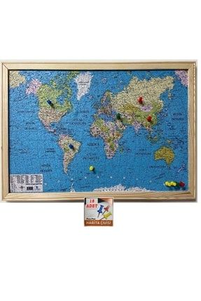 Dünya Haritası Mantar Pano Ahşap Çerçeveli 60x90 Cm + Iğneli ASİL335
