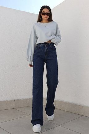 Lara Koyu Mavi 90's Likralı Süper Yüksek Bel Salaş Jeans Palazzo Pantolon. (süper Yüksek) SLS300