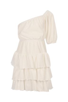 Sorrento Tek Kol Beyaz Fırfırlı Elbise LS8890