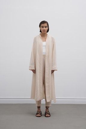 Ketenli Uzun Kimono Bej EBULM10