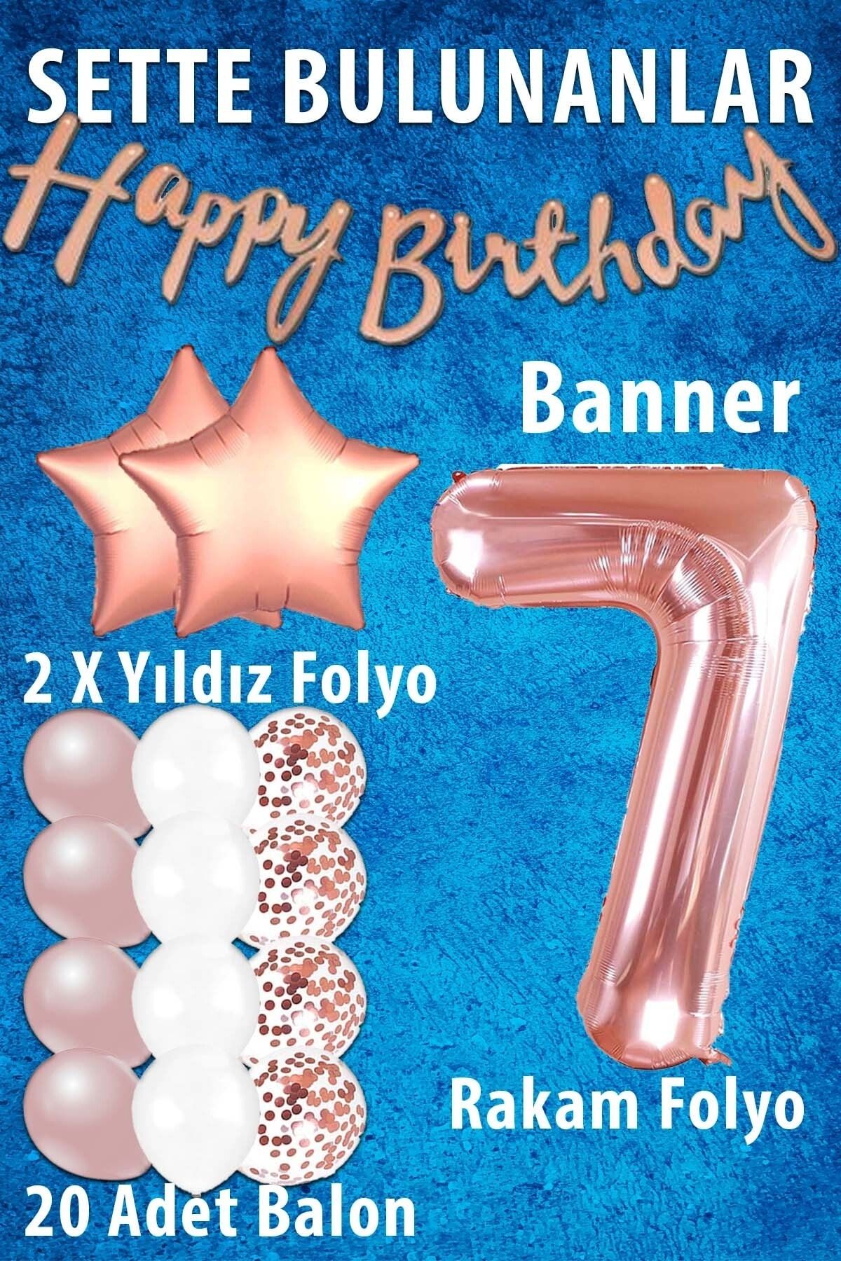 Patladı Gitti-Rose Gold Concept 7 Year Old Birthday Celebration Set; White Gold Confetti Balloon, Number Star Foil and B 2